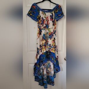 Anthropologie Flying Tomatoes off shoulder high/low tropical dress Sz large.